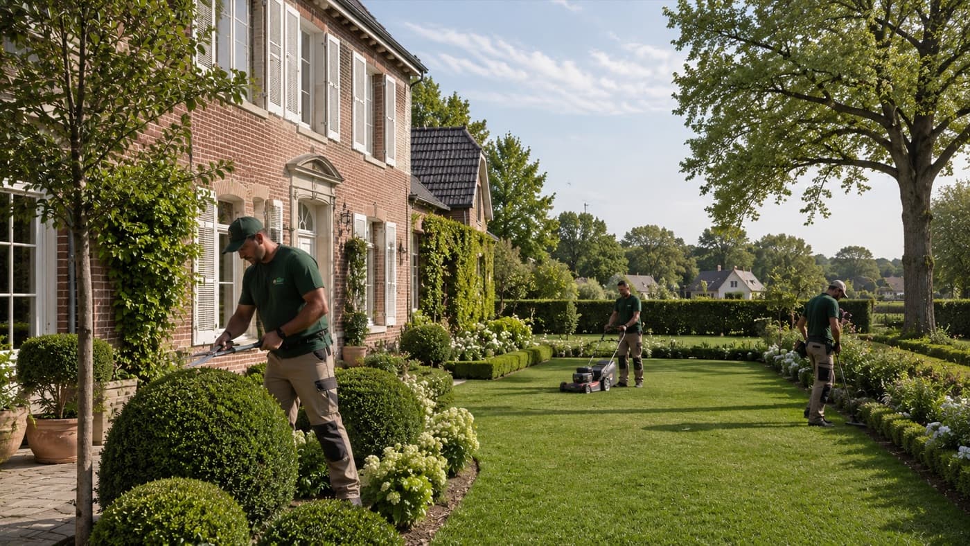 Équipe de paysagistes Jardio en tenue verte tondant et taillant le jardin d'une maison